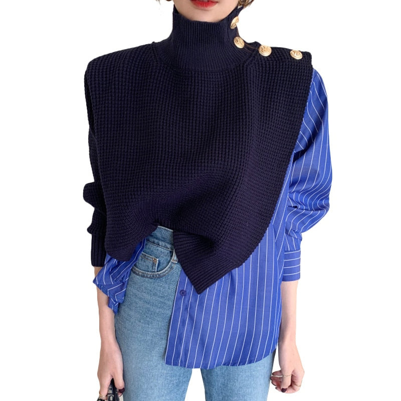 Patchwork Print Striped  Turtleneck Sweaters
