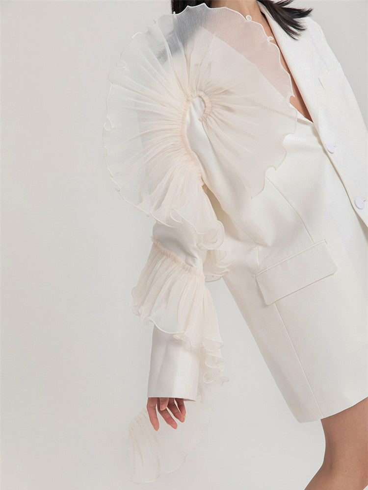 Asymmetrical Patchwork Ruffle Trim Solid Blazers