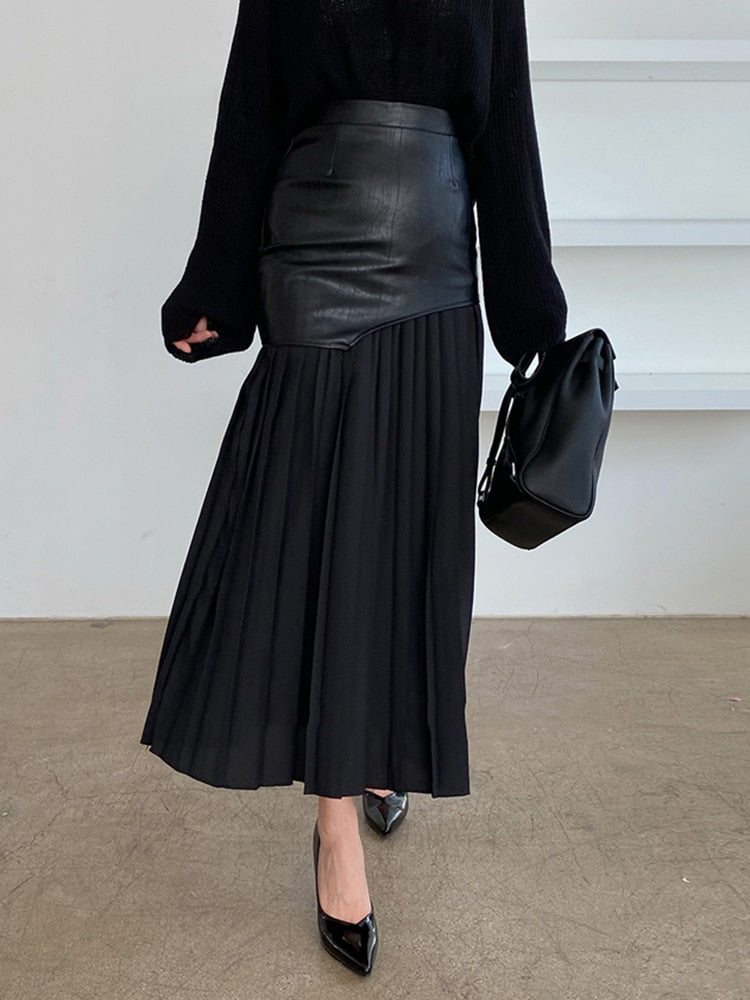 High Waist Patchwork Pu Midi Folds Pleated Skirts