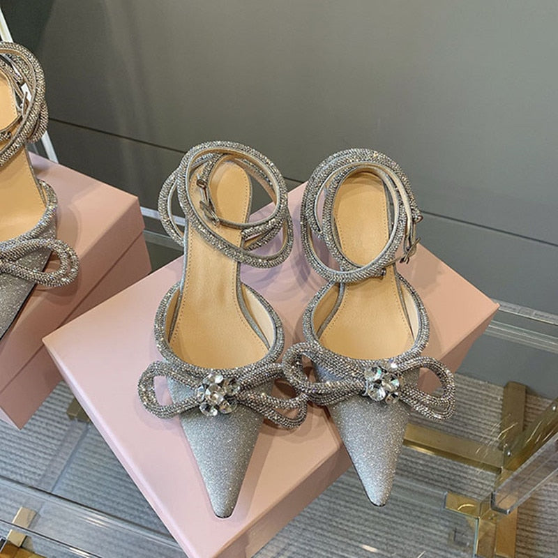 Glitter Crystal Ankle strap Rhinestones Bowknot heels