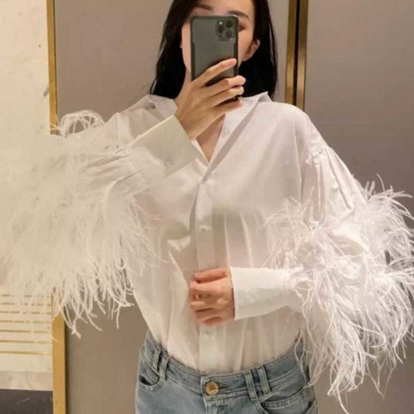 VIVID Lantern Sleeve Feather Blouse