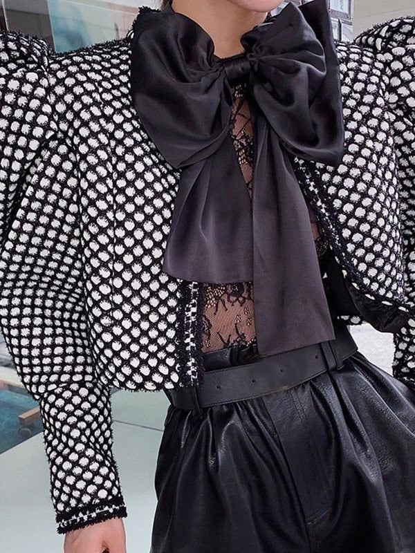 V-Style Lady Ruched Plaid O Neck Puff Sleeve Coat