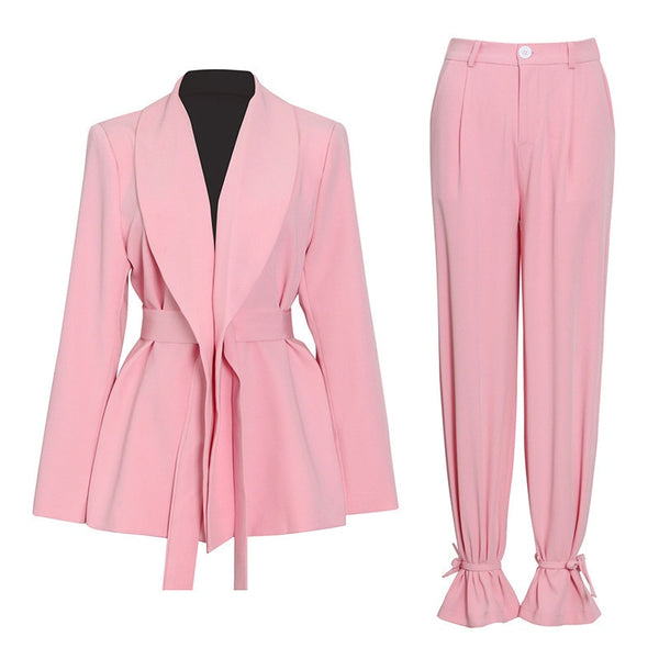 High Waist Belt Lace-up Straight Suit Blazer Set
