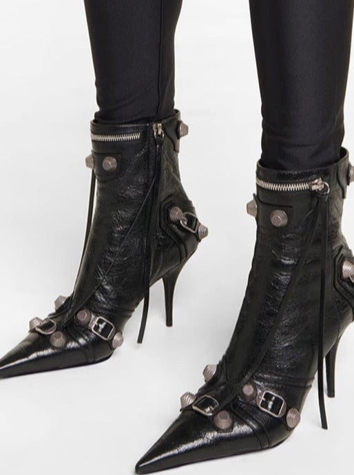 Fashion City Retro Metal Buckle Rivet Side Zipper High Heel Ankle Boots