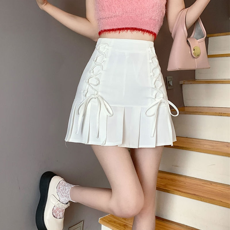 High Waist Pleated Bow Strap Mini Skirts