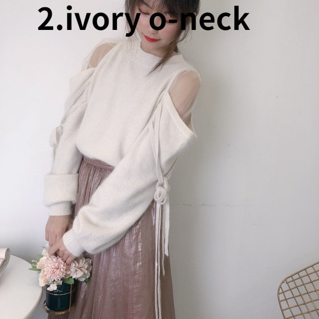 V-Sweet Gauze Patchwork Off Shoulder Bandage Knitted Sweater