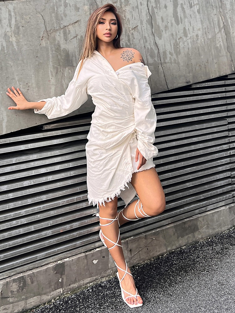 VIVID Elegant Slash Neck Solid Shirt Tassel Dress