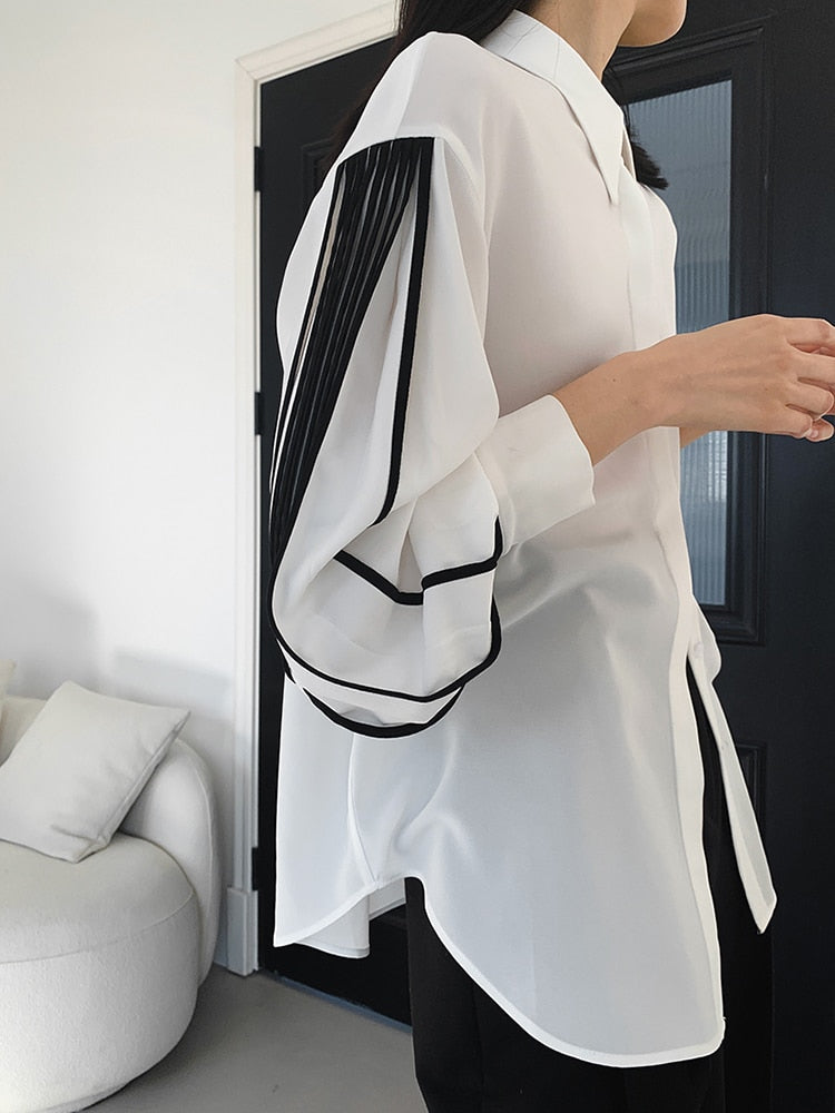 VIVIANNA Lapel Lantern Sleeve Straight Patchwork Shirt
