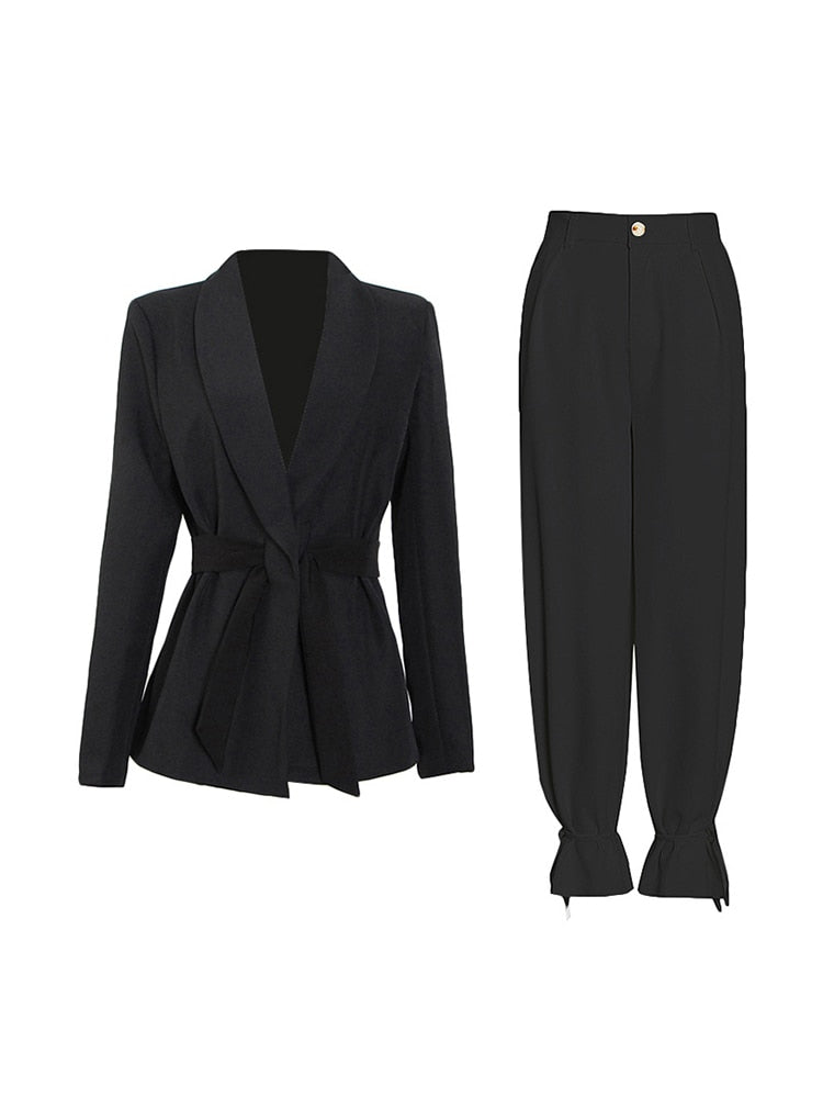 High Waist Belt Lace-up Straight Suit Blazer Set