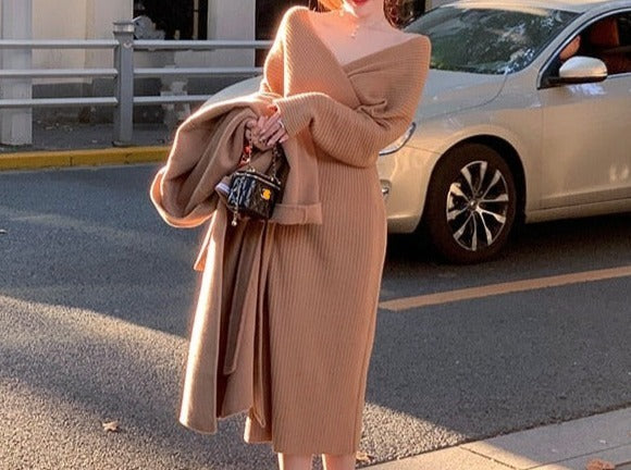Off Shoulder Long Knitting Sweater Dress