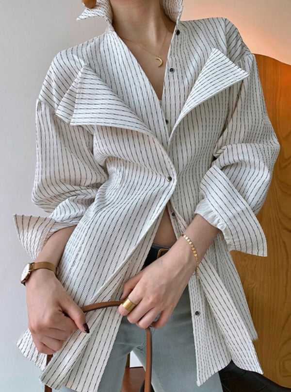 Lapel Long Sleeve Patchwork Ruffle Striped Shirt