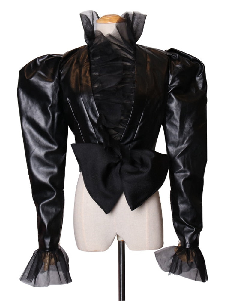 V Neck Puff Bow Patchwork Mesh PU Leather Coat