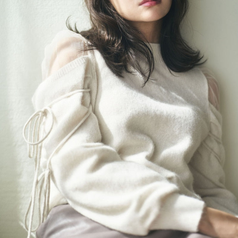 V-Sweet Gauze Patchwork Off Shoulder Bandage Knitted Sweater