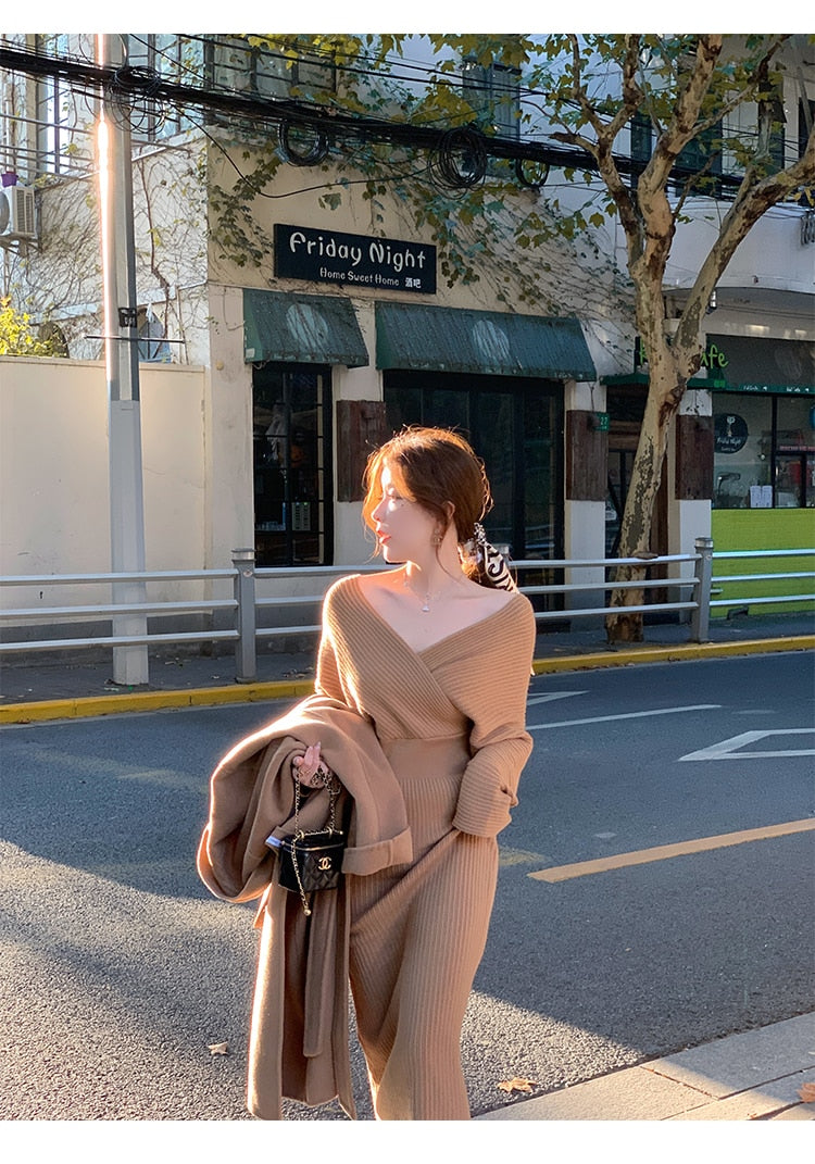 Off Shoulder Long Knitting Sweater Dress