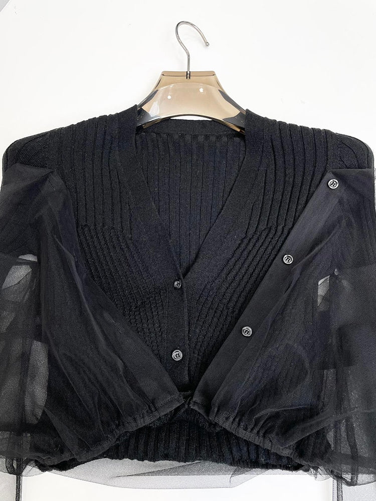 Patchwork Sheer Mesh Solid Knitting Single Breasted Cardigan Sweater