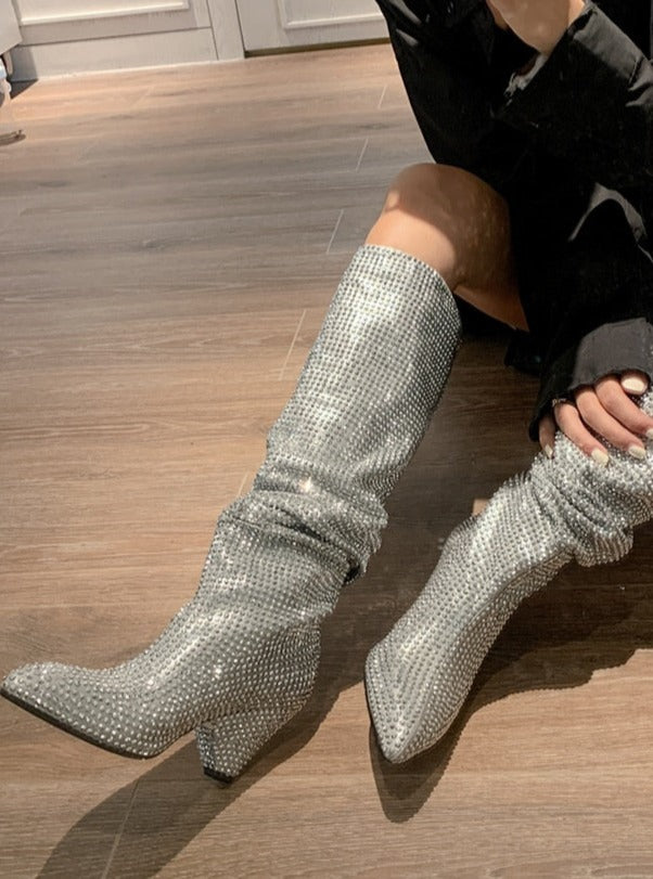 V-Bling Silver Crystal Knee High Glitter Rhinestone Boots