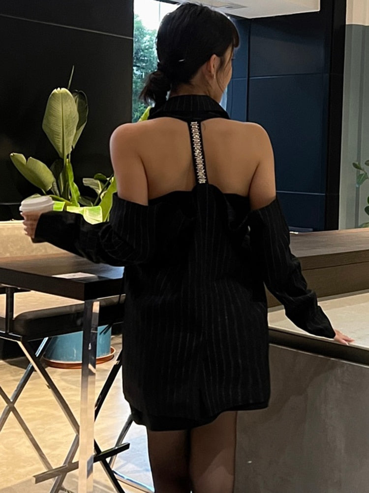 Off Shoulder Streetwear Lapel Striped Single Breasted Blazers