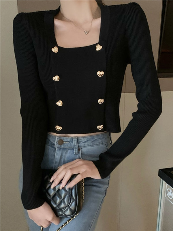 Square Collar Crop Love Button Top Knitted Sweater