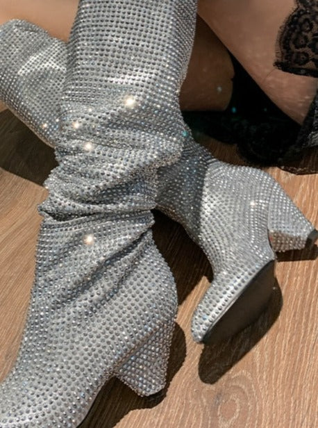 V-Bling Silver Crystal Knee High Glitter Rhinestone Boots