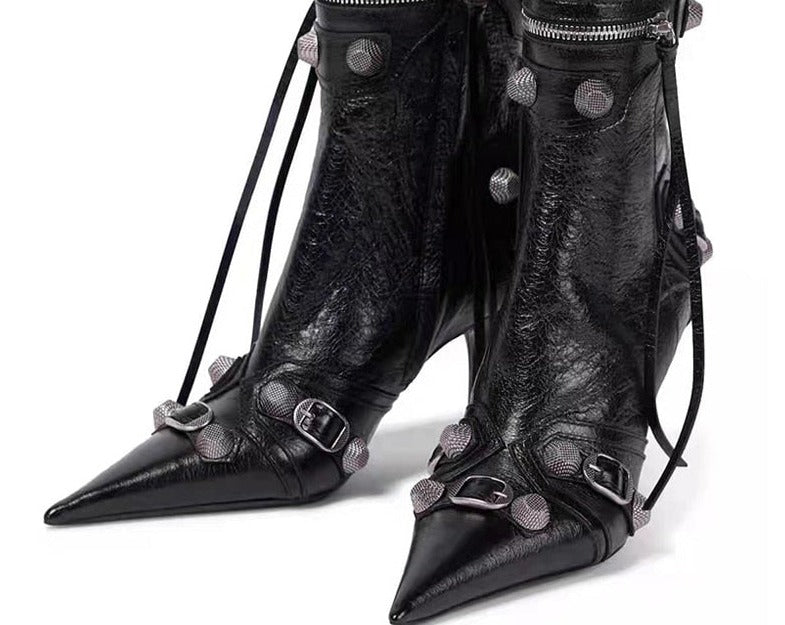 Fashion City Retro Metal Buckle Rivet Side Zipper High Heel Ankle Boots