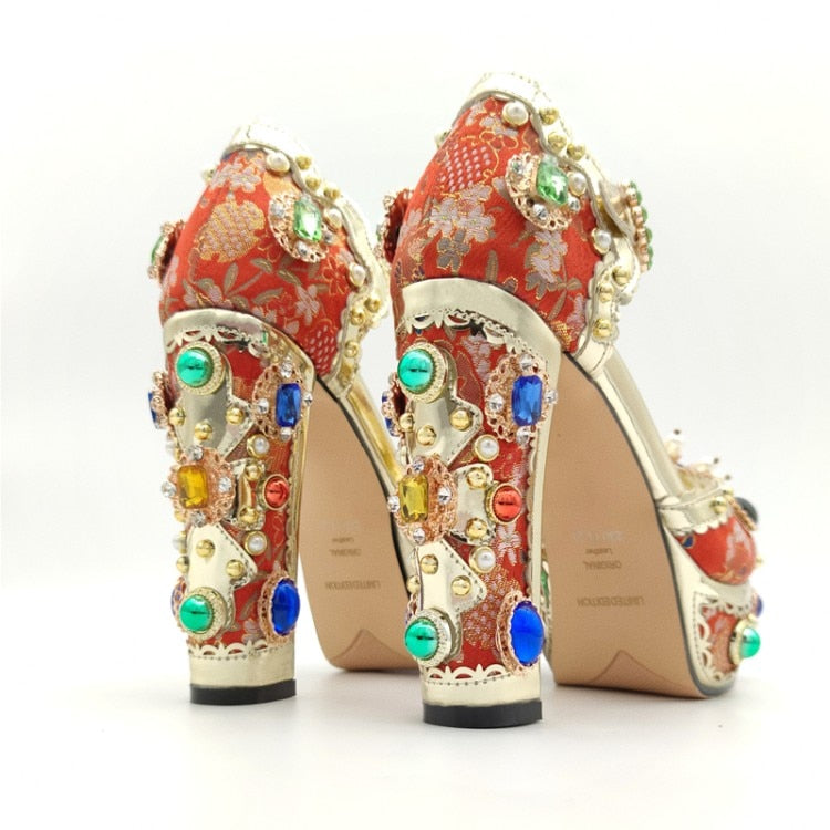 Baroque Style Jacquard Cloth Blue Platform Crystal High Heels