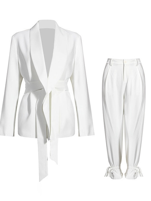 High Waist Belt Lace-up Straight Suit Blazer Set