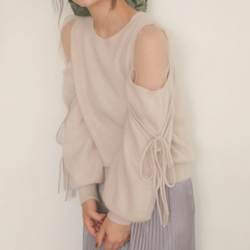 V-Sweet Gauze Patchwork Off Shoulder Bandage Knitted Sweater