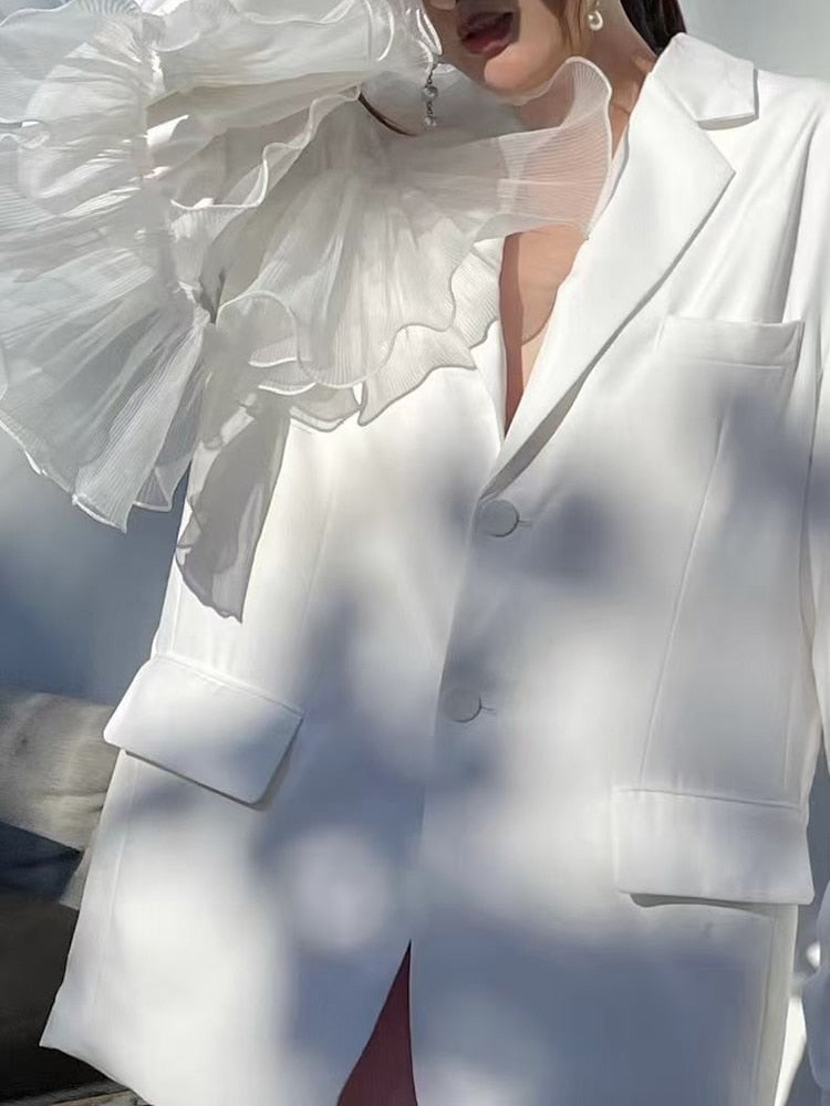 Asymmetrical Patchwork Ruffle Trim Solid Blazers