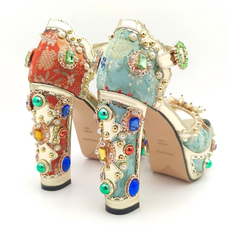 Baroque Style Jacquard Cloth Blue Platform Crystal High Heels