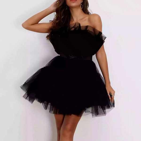 Off Shoulder Mesh Tulle Tutu Dress Tube Top Bow Evening Party Prom Dresses