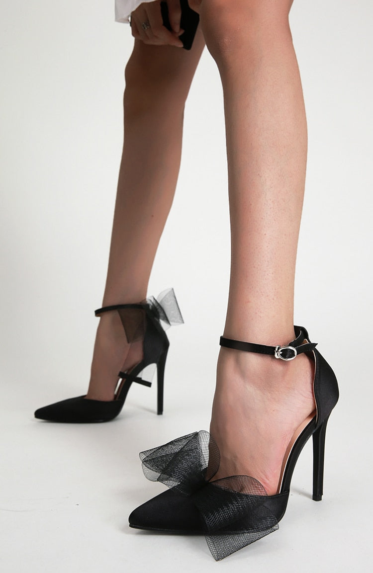Buckle Strap Cover Heel Mesh Butterfly-knot Pumps Shoes