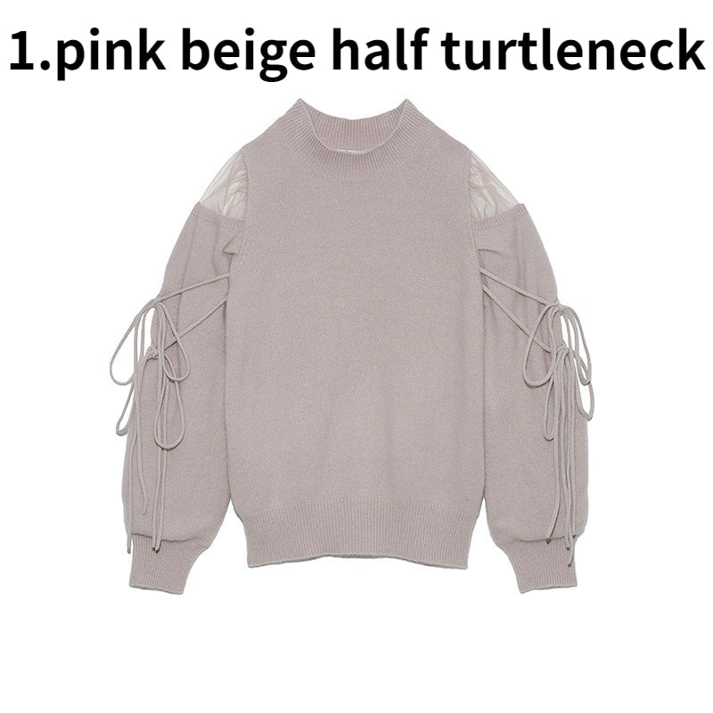 V-Sweet Gauze Patchwork Off Shoulder Bandage Knitted Sweater