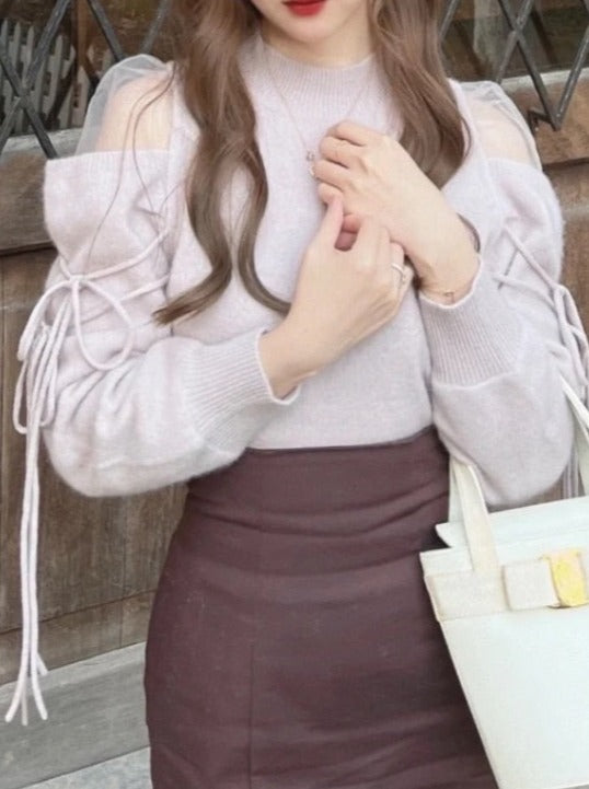 V-Sweet Gauze Patchwork Off Shoulder Bandage Knitted Sweater