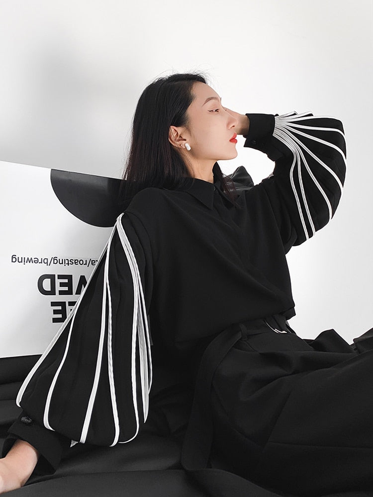 VIVIANNA Lapel Lantern Sleeve Straight Patchwork Shirt