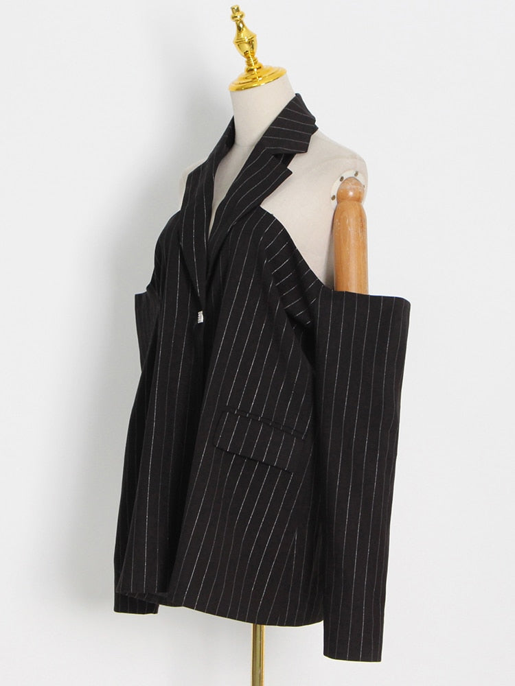 Off Shoulder Streetwear Lapel Striped Single Breasted Blazers