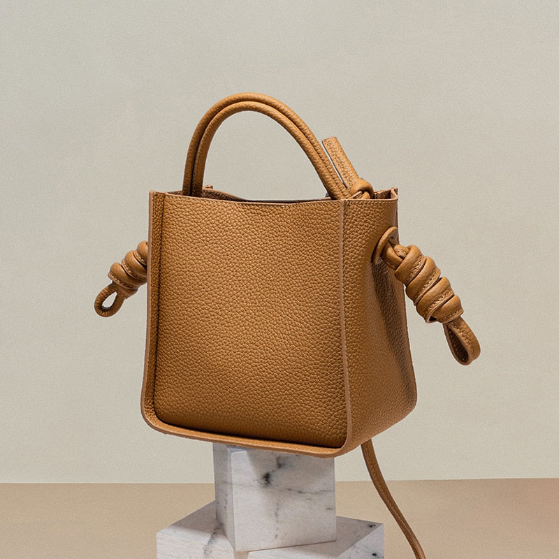 Genuine Leather Bucket Braided Rope Crossbody Bag