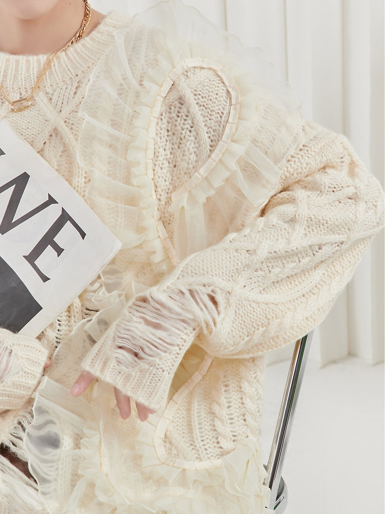 Hole Hollow Out Patchwork Mesh Knitting Sweater