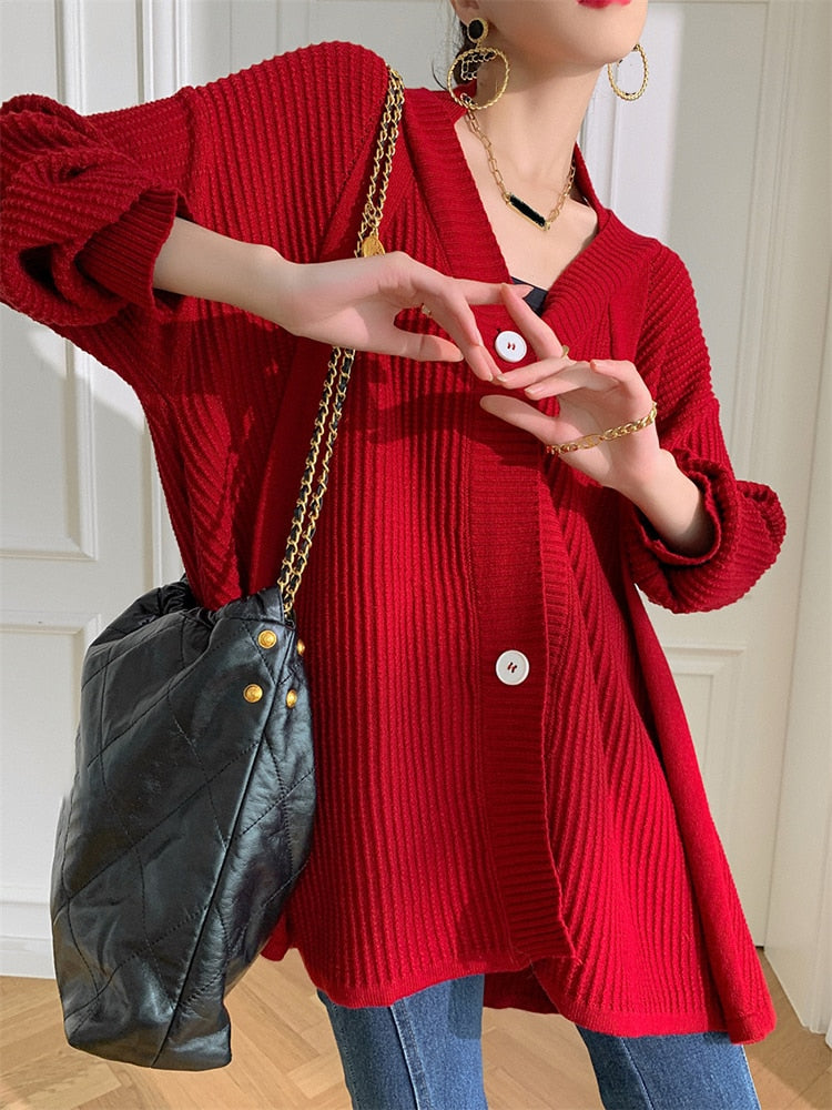Oversize Loose Fit V-Neck Knitting Sweater Cardigan