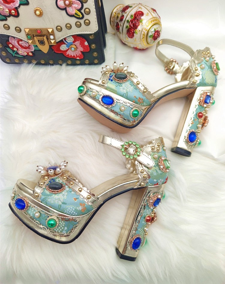 Baroque Style Jacquard Cloth Blue Platform Crystal High Heels