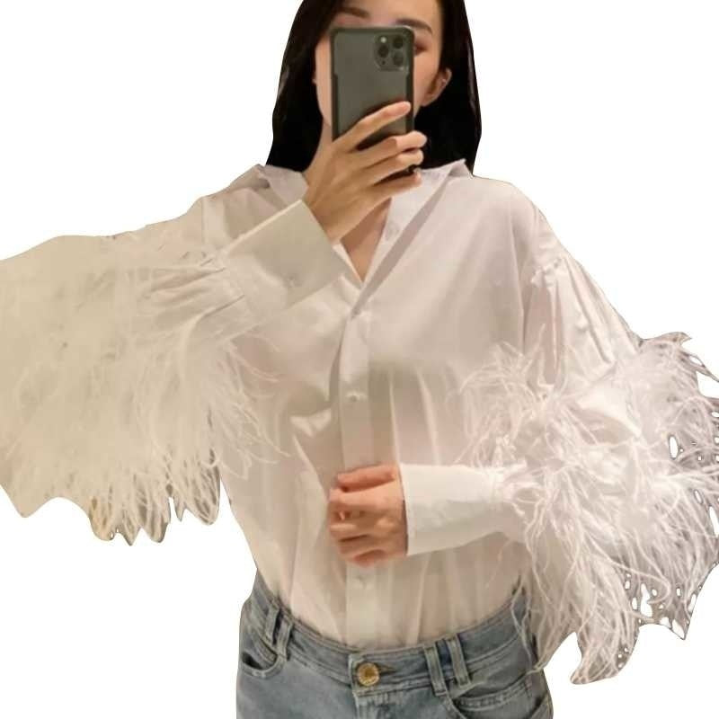 VIVID Lantern Sleeve Feather Blouse