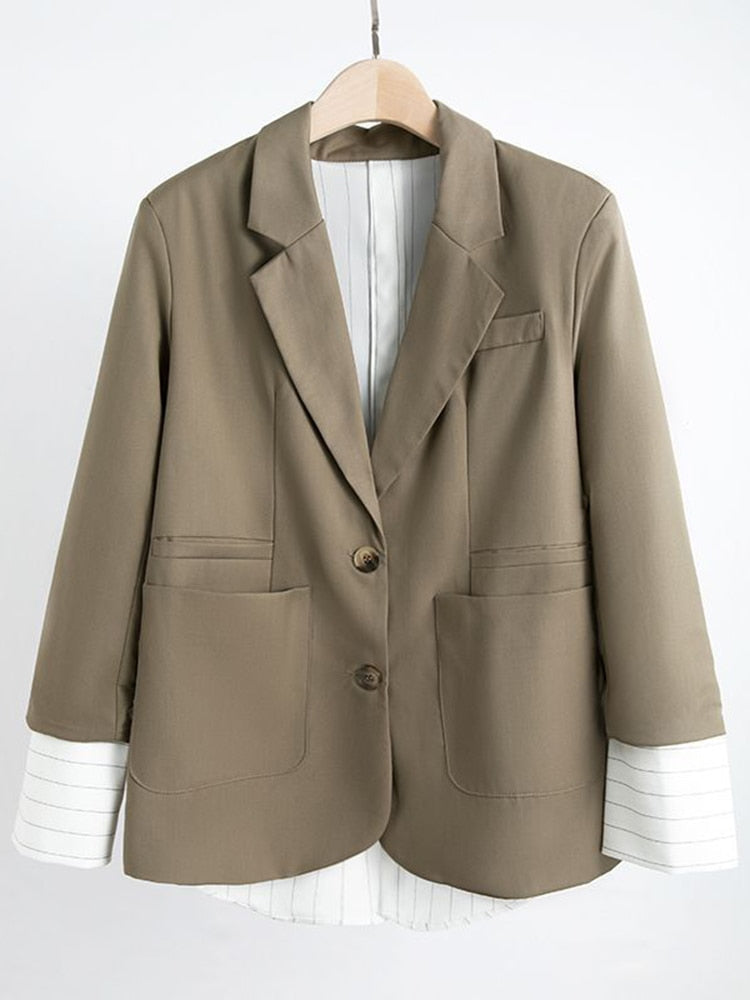 Color block Notched Collar Long Sleeve Single Breasted Blazers