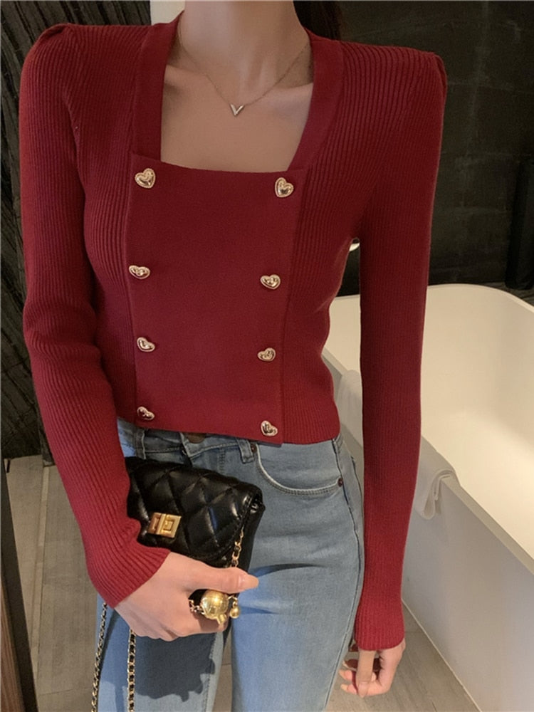 Square Collar Crop Love Button Top Knitted Sweater