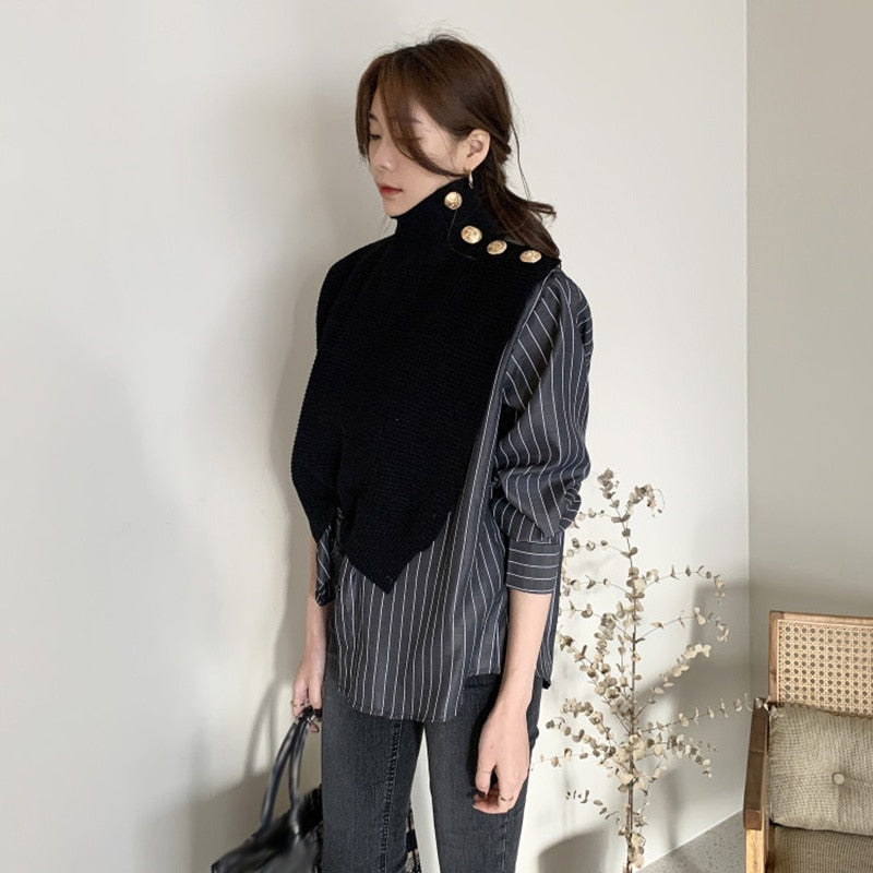 Patchwork Print Striped  Turtleneck Sweaters