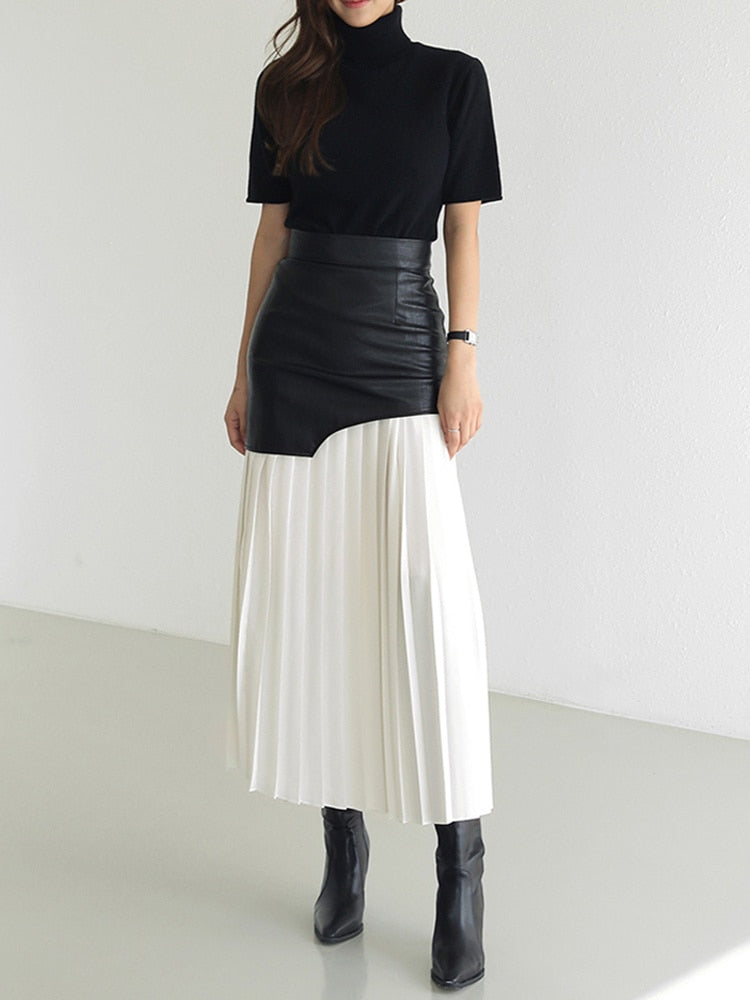 High Waist Patchwork Pu Midi Folds Pleated Skirts