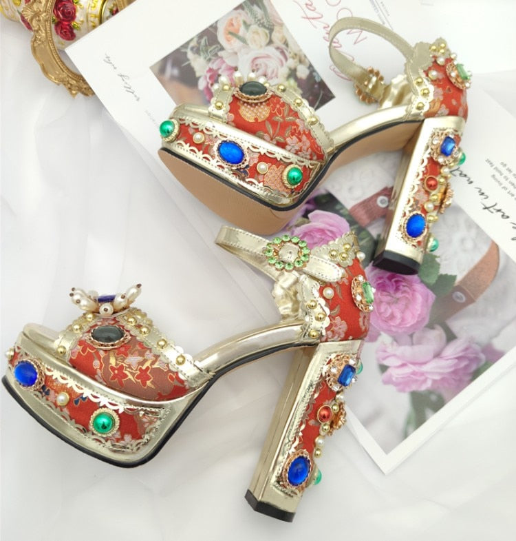 Baroque Style Jacquard Cloth Blue Platform Crystal High Heels