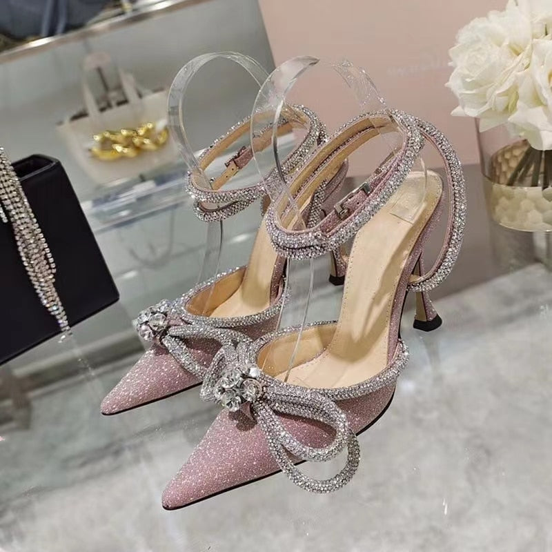 Glitter Crystal Ankle strap Rhinestones Bowknot heels