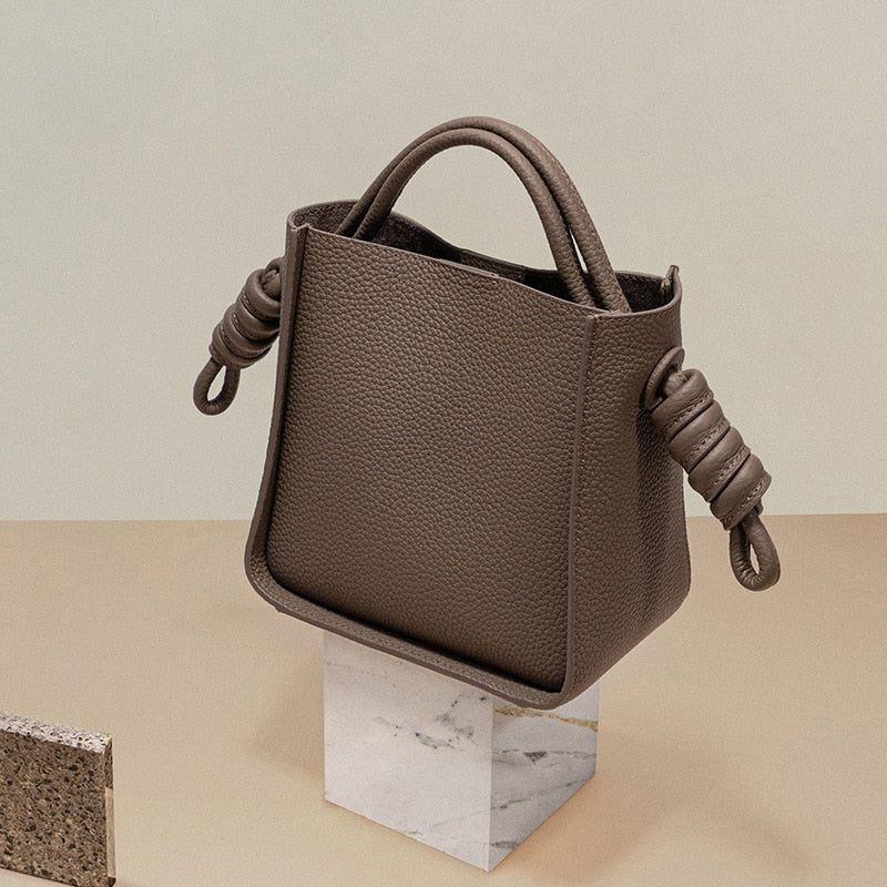 Genuine Leather Bucket Braided Rope Crossbody Bag