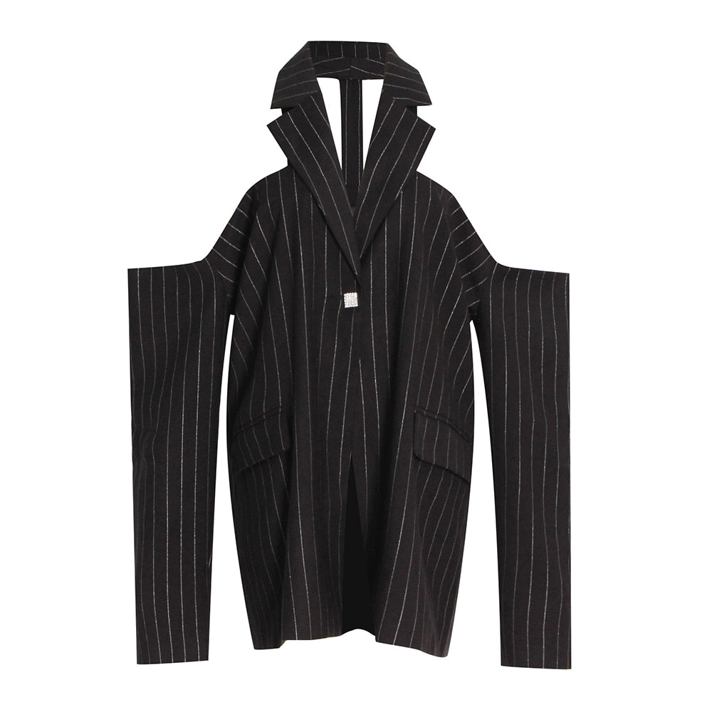 Off Shoulder Streetwear Lapel Striped Single Breasted Blazers