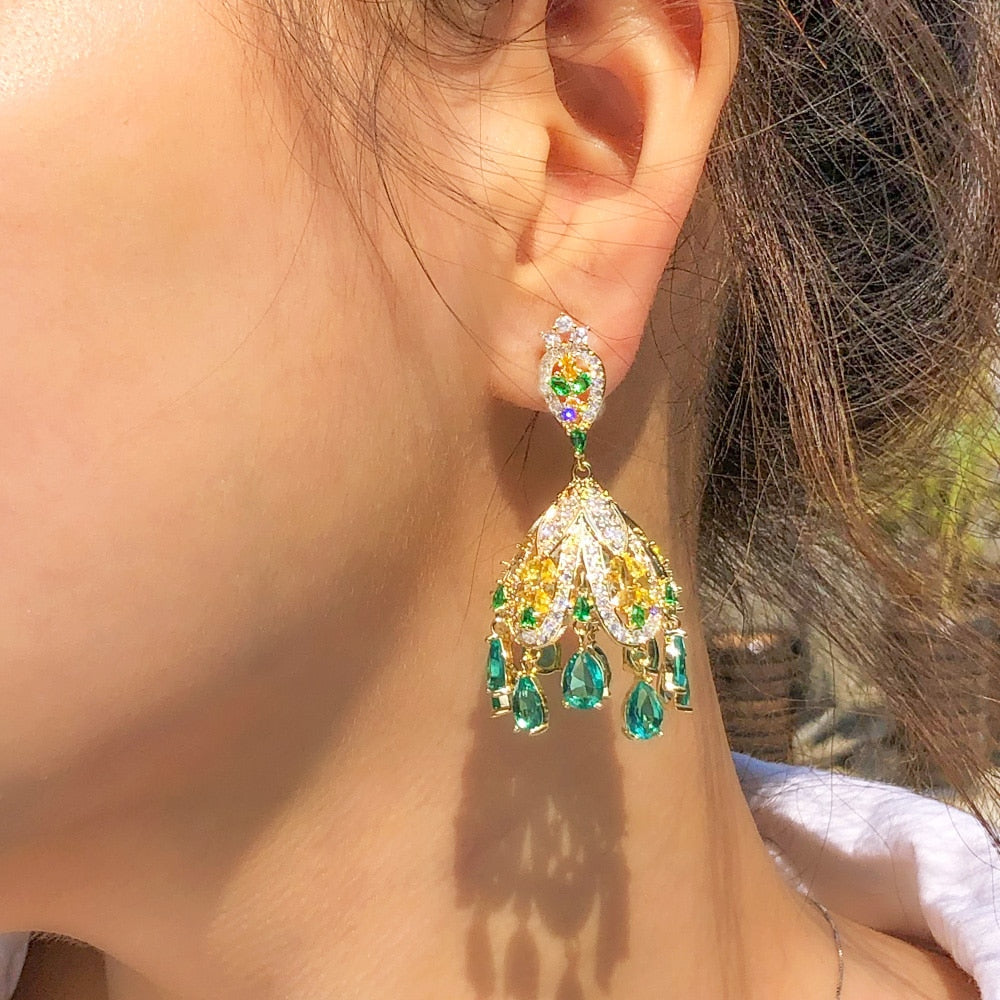 Fringed Green Dangle Drop Cubic Zircon Gold Plated Earrings