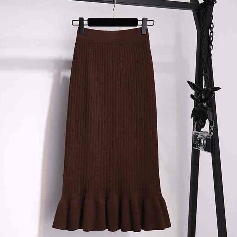 Solid Elastic Mermaid Knitting Ribbed Skirt